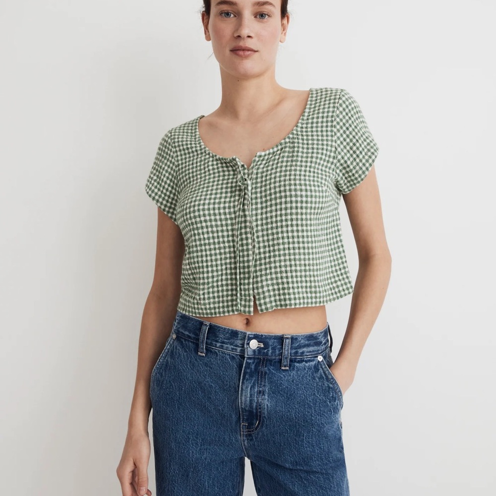 Madewell Linen Green and White Gingham Crop Tee